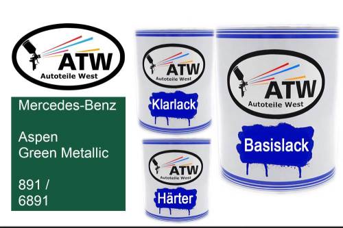 Mercedes-Benz, Aspen Green Metallic, 891 / 6891: 1L Lackdose + 1L Klarlack + 500ml Härter - Set, von ATW Autoteile West.